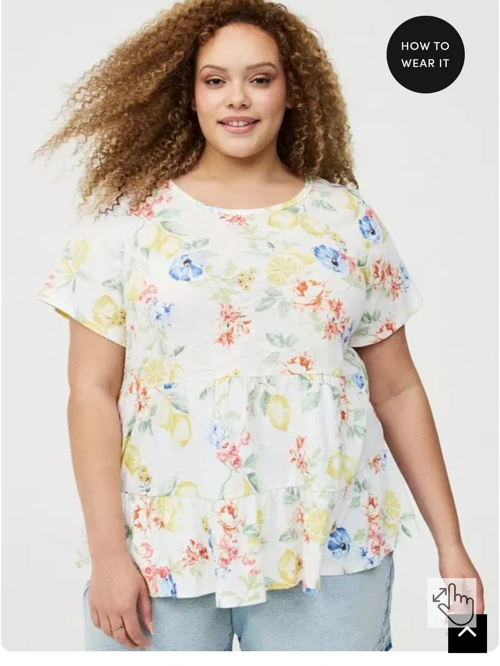 torrid White Floral & Lemon Tiered Short-Sleeve Top